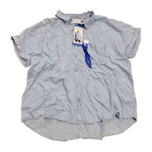 Ecothreads Women's Button-Up Chest‎ Pocket Short Sleeves Shirt, Blue, Size L